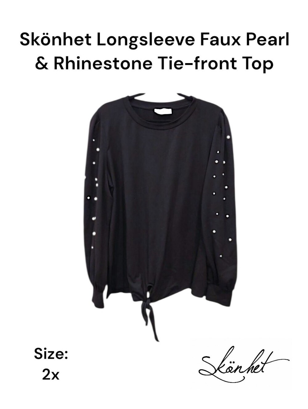 Plus Size Black Longsleeve Faux Pearl & Rhinestone Tie-front Top